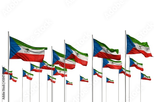 nice independence day flag 3d illustration. - many Equatorial Guinea flags in a row isolated on white with free space for content