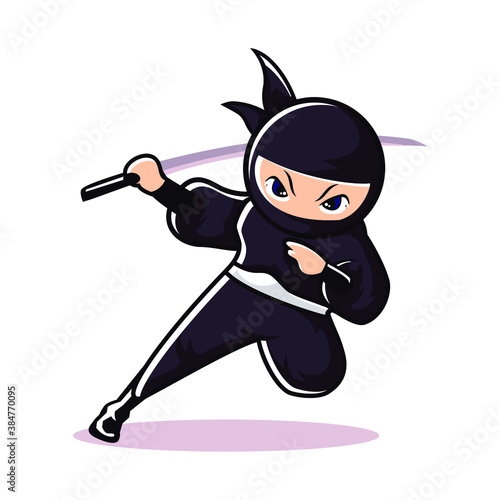 Mascot ninja jump with sword ready to attack