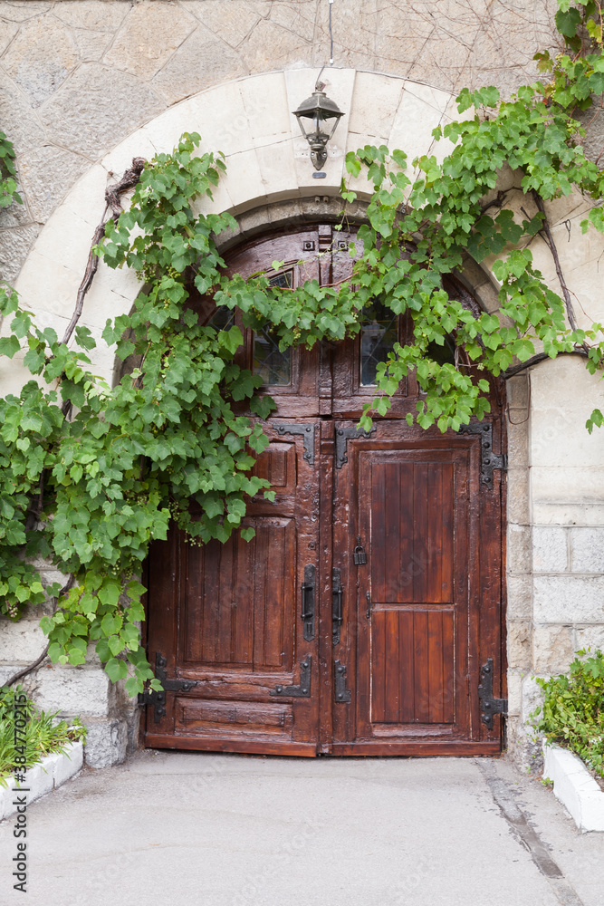 Old rural house wall with dark wooden door Old rural house wall with dark wooden door