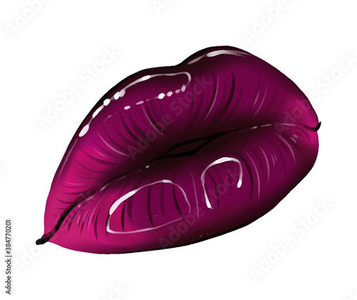 Hand-drawn parted sexy lips in dark purple color vampire vector. Parted sexy lips dark lip color sparkle. Beautiful woman's open lips close. Lip balm young girl vector art. Lips shih gloss elegance