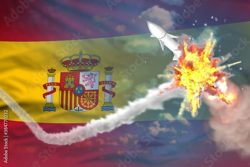 Spain intercepted supersonic warhead, modern antirocket destroys enemy missile concept, military industrial 3D illustration with flag photo