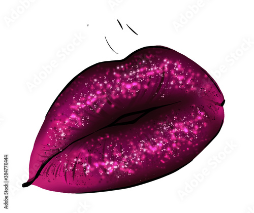 Hand-drawn parted sexy lips in dark purple color vampire vector. Parted sexy lips dark lip color sparkle. Beautiful woman's open lips close. Lip balm young girl vector art. Lips shih gloss elegance