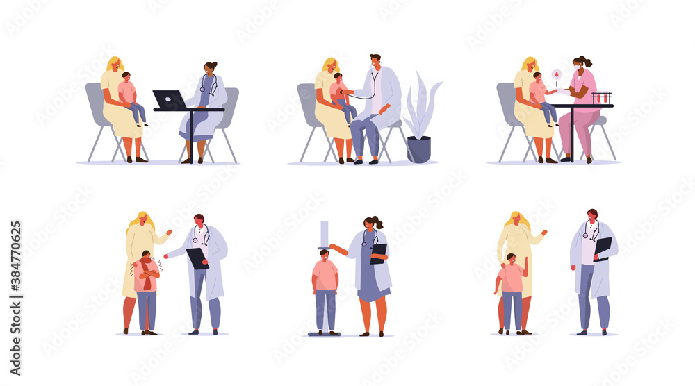 Doctors and Patients Characters set. Mother and Kid Having Consultation with Doctor Pediatrician. Different Medical Staff  Diagnosing Child in Hospital. Flat Cartoon Vector Illustration.
