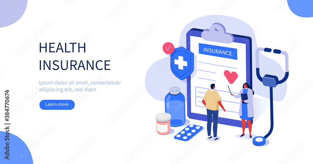 Doctor and Patient in Hospital Office filling Health Insurance Contract. Near lying Medical Pills, Stethoscope and other Medical Staff. Healthcare Concept. Flat Isometric Vector Illustration. Doctor and Patient in Hospital Office filling Health Insurance Contract. Near lying Medical Pills, Stethoscope and other Medical Staff. Healthcare Concept. Flat Isometric Vector Illustration.