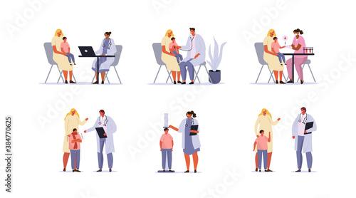 Doctors and Patients Characters set. Mother and Kid Having Consultation with Doctor Pediatrician. Different Medical Staff  Diagnosing Child in Hospital. Flat Cartoon Vector Illustration.
