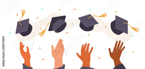 Human Hands Throwing Graduation Hats in the Air. Graduate Students celebrate End of the School, College or University. Flat Cartoon Vector Illustration.
