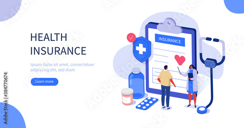 Doctor and Patient in Hospital Office filling Health Insurance Contract. Near lying Medical Pills, Stethoscope and other Medical Staff. Healthcare Concept. Flat Isometric Vector Illustration. 