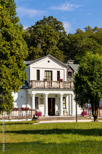 Panoramic view of park and historic museum manor house of Mikolaj Rej, polish renaissance poet and writer in Naglowice, Poland