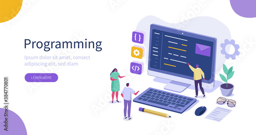 
People Characters Developing new Software on Laptop.  Developers Team Programming and Coding Program Code Together. Development Process Concept. Flat Isometric Vector Illustration.