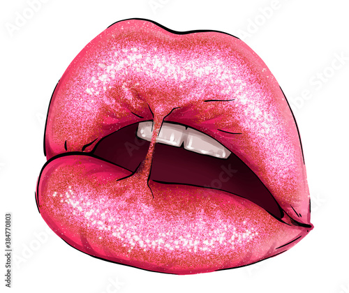 Hand-drawn parted sexy lips in pink color vector. Parted sexy lips pink lip color gloss. Beautiful woman's open lips close. Lip balm young girl vector art. Lips lipstick gloss