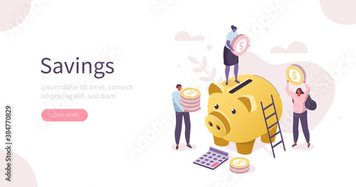 People Characters Collecting Gold Coins in Piggy Bank. Women and Man Manage Budget and making Savings. Saving Money and Economy Concept. Flat Isometric Vector Illustration.