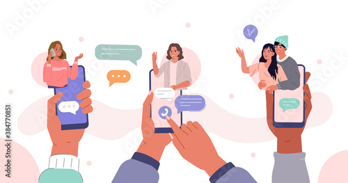 Hands Holding Smartphones with Video Chat on Screen.  Boys and Girls Chatting and Communicating Together in Social Media. Female and Male Characters Talking. Flat Cartoon Vector Illustration.
