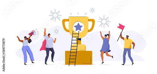 People Characters standing near Gold Cup and Celebrating Victory. Happy Woman and Man Successfully Achieve Reward. Winners and Prize. Business Goal Success Concept. Flat Cartoon Vector Illustration.