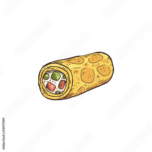 Appetizer or snack in shape of roll flat vector illustration isolated.