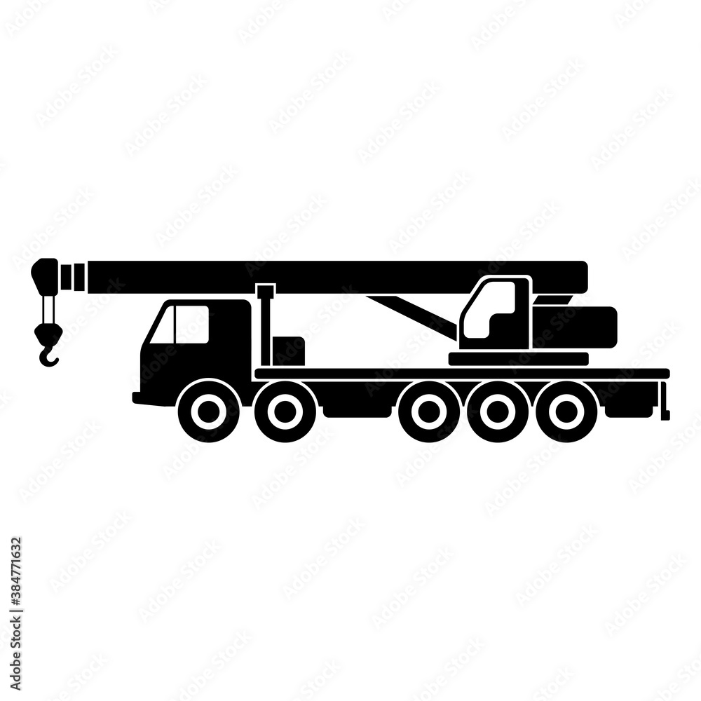 Truck crane icon. Heavy construction equipment. Black silhouette. Side view. Vector flat graphic illustration. The isolated object on a white background. Isolate.