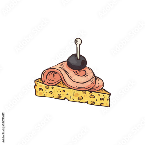 Canape snack from bread with ham on skewer sketch vector illustration isolated.