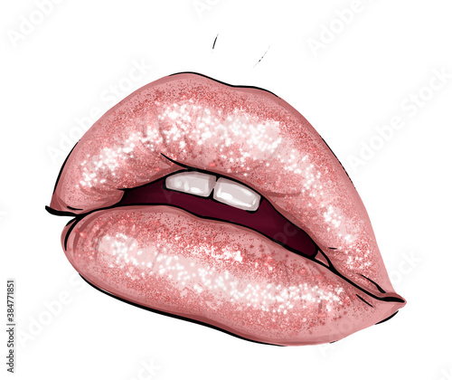 Hand-drawn parted sexy lips in nude color vector. Parted sexy lips beige lip color gloss. Beautiful woman's open lips close. Lip balm young girl vector art. Lips lipstick gloss elegance girl