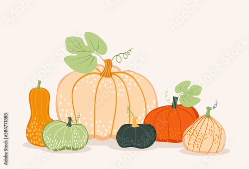 Vector card with colorful pumpkins