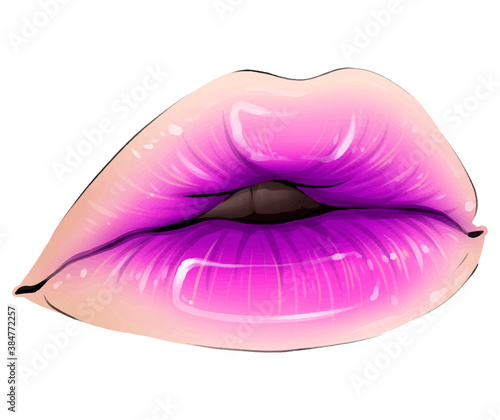Hand-drawn parted sexy lips in pink color vector. Parted sexy lips pink lip color gloss. Beautiful woman's open lips close. Lip balm young girl vector art. Lips lipstick gloss