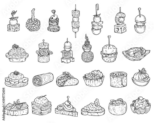 Set of appetizers or canape in line style, cartoon vector illustration isolated.