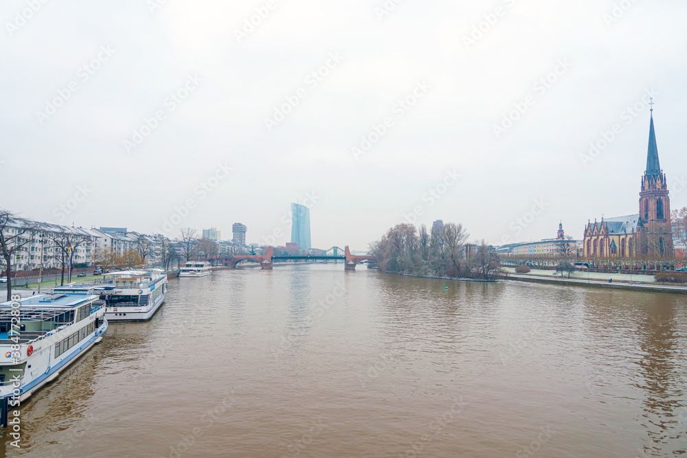 Frankfurt, Germany - January 22, 2019: River view of Frankfurt am Main, Germany