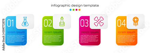 Set line Money bag, Tabasco sauce, Crossed human bones and Dream catcher with feathers. Business infographic template. Vector.