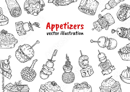 Appetizer food poster background - black and white drawing set