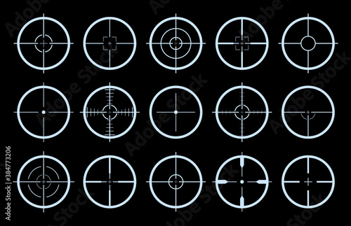 Target on crosshair of gun. Sniper sight icons. Cross scope for rifle of army. Logo for military games. Shot in aim. Lens with focus pointer for weapon. Precise telescope. Radar symbols. Vector