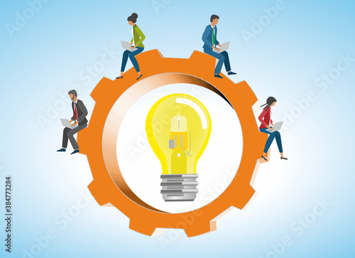 Gear wheel with light bulb and people sitting and working on laptops. Vector illustration. EPS10.