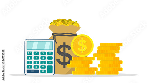 Save and invest money. Icon of calculate tax or income. Calculator, coins for counting of revenue. Cash profit and wealth. Success of economy and grow of business. Design illustration. Vector