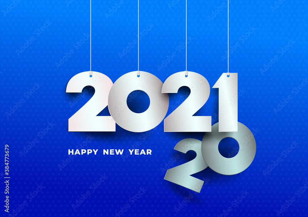 Happy New Year 2021 concept with paper cuted numbers on ropes. Change year from 2020 to 2021. Origami style. Christmas and Chinese New Year decoration. Vector illustration isolated on blue background. Happy New Year 2021 concept with paper cuted numbers on ropes. Change year from 2020 to 2021. Origami style. Christmas and Chinese New Year decoration. Vector illustration isolated on blue background.