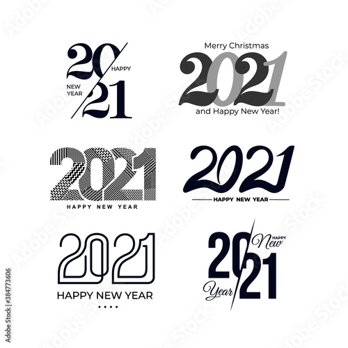 Big Set of 2021 text design pattern. Collection of logo 2021 Happy New Year and happy holidays. Minimalist templates with typography for celebration. Vector illustration. Isolated on white background.