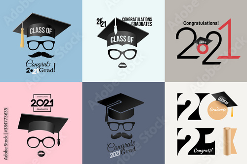 Congratulations graduates Class of 2021 badge. Typography logo design. Set of Concept for print, shirt, overlay or stamp, seal, greeting, invitation card. Design vector with hut and text congrats grad