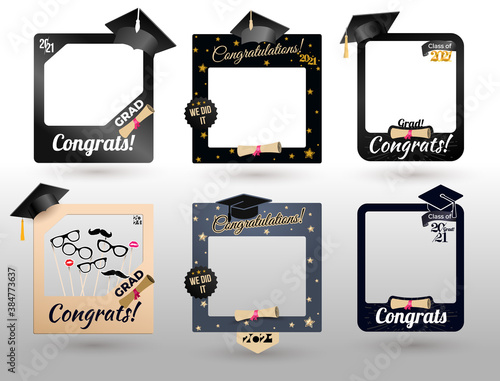 Big Set of graduation party photo booth props. Concept for selfie. Frame with cap for grads. Congratulation grad quote. Vector illustration. Isolated on white background.