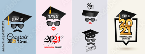 Set of congratulations graduates Class of 2021 badge. Typography logo design. Concept for print, shirt, overlay or stamp, seal, greeting, invitation card. Design vector with hut and text congrats grad