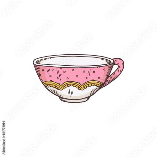 Cute pink tea cup drawing isolated on white background.