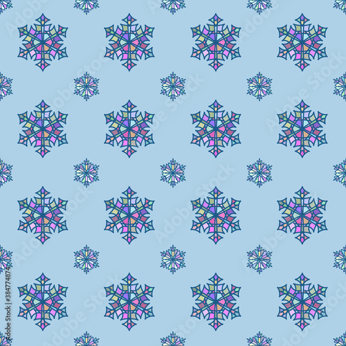 A snowflake consisting of multi-colored fragments with randomized color shades. Vector illustration, seamless pattern