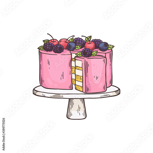 Cake dessert on plate for teatime, flat cartoon vector illustration isolated