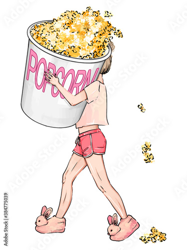 Woman with popcorn hand-drawn illustration. The girl is carrying a very large packet of popcorn. A girl in cute fluffy house slippers, bunnies, shorts and a T-shirt