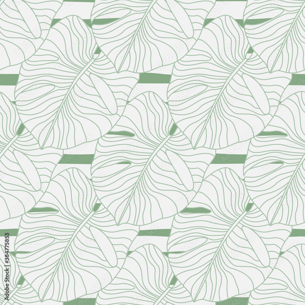 Light contoured monstera leaf ornament seamless pattern. Outline foliage palm leafs on striped background.