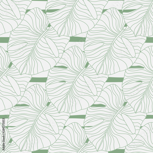 Light contoured monstera leaf ornament seamless pattern. Outline foliage palm leafs on striped background.