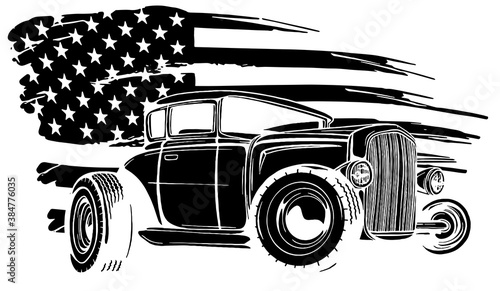 Foto illustration with hot rod on grunge American flag black silhouette