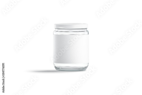 Blank glass jar with white label and cap mockup, isolated photo