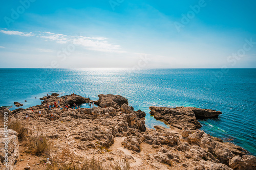 Beautiful sea coast with turquoise water and rocks in Atlesh(Tarkhankut) region, Crimea. Summer seascape, famous travel destination