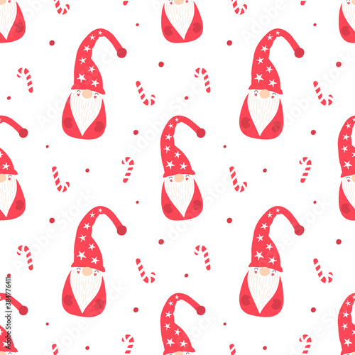 Cartoon seamless pattern Santa Claus, a gnome in red cap, lollipops. Christmas print for packaging, fabric, wallpaper. Vector illustration for children.