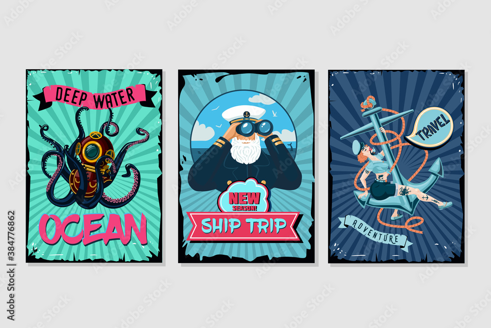 Nautical vintage posters set. Retro style cartoon illustrations. Water sport and sea resort backgrounds with grunge frames. Captain, sailor and octopus.