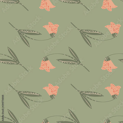 Campanula flower ornament seamless nature pattern. Wild botanic pink elements on green background. Pale palette print.
