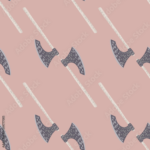 Minimalistic seamless doodle pattern with middle ages viking ax ornament. Pink background. Pale palette artwork.