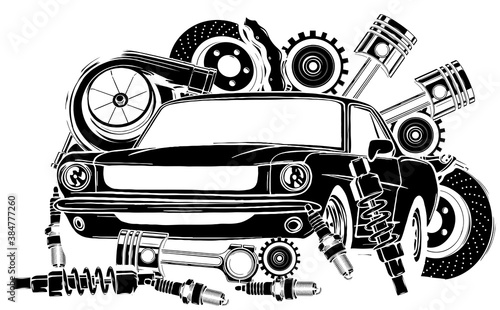 Vector illustration of Car Spares Frame and parts black silhouette