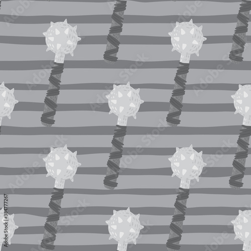 Grey palette seamless doodle pattern with flail mace ornament. Striped background. Weapon scandinavian backdrop.